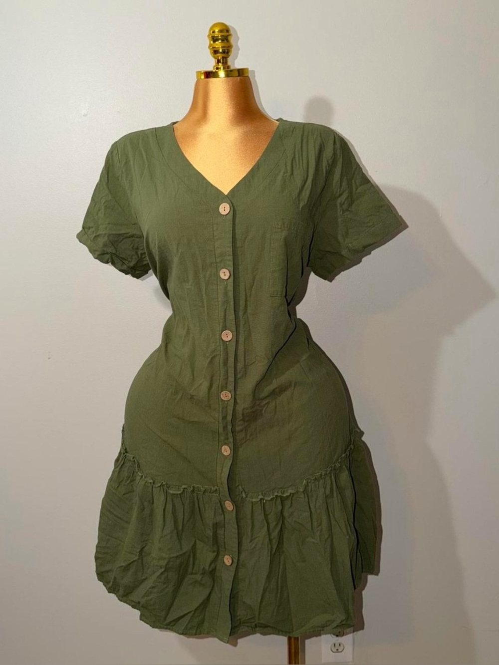 Women's Olive Button-Front V-Neck Casual Dress